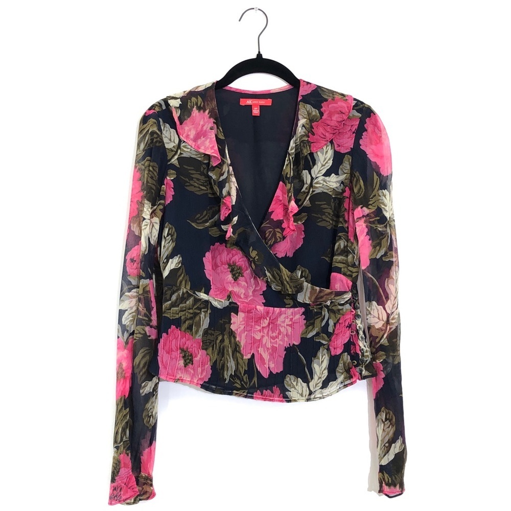 Anne Klein AK 100% Silk Black Pink Floral Long Sleeve Ruffle Button Blouse Top